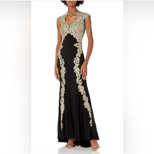Betsy & Adam Black Gown with Gold Floral Lace Applique Sheer Mesh Detail Size 10